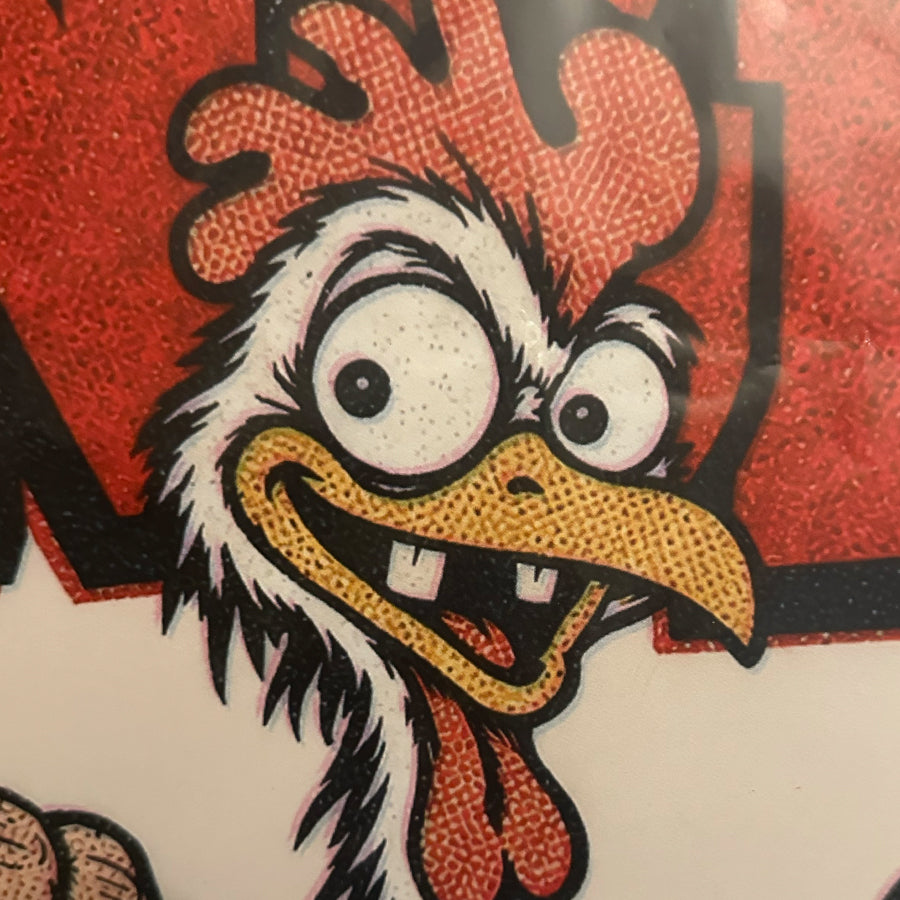 Chicken Fingers supersized decal print bug-eyed chicken face detail
